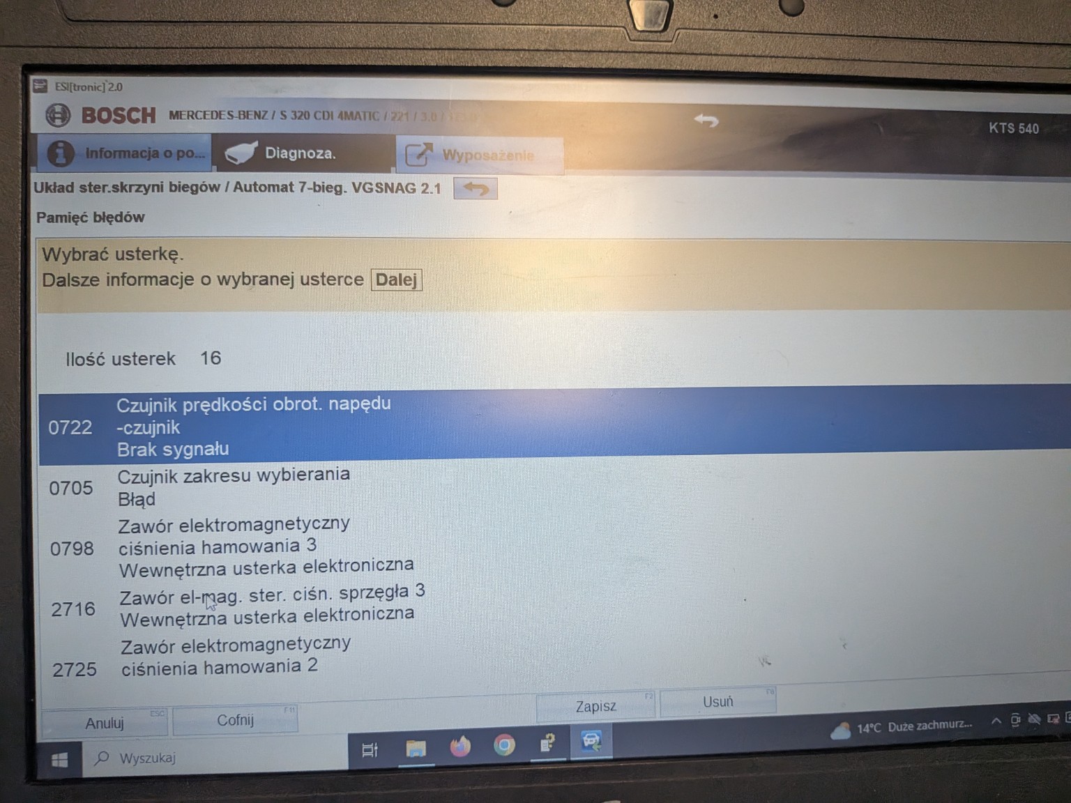 Bosch KTS 540: lista błędów VGSNAG 2.1 z zaznaczonym 0722 — brak sygnału